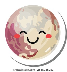 Pluto, a dwarf planet in the kuiper belt, is depicted with a charming smile, rosy cheeks, and closed eyes, creating a kawaii and friendly representation of the celestial body