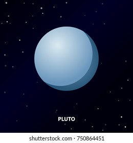 Pluto Icon on Space Background. Planet of the Solar System. Vector Illustration. Flat Style. Graphic Design for Education Classes, Study Books, Planetarium, Flayers, Banners, Posters, Cards.