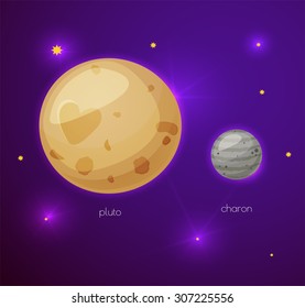Pluto and its moon Charon, space objects in cartoon style on space background with stars