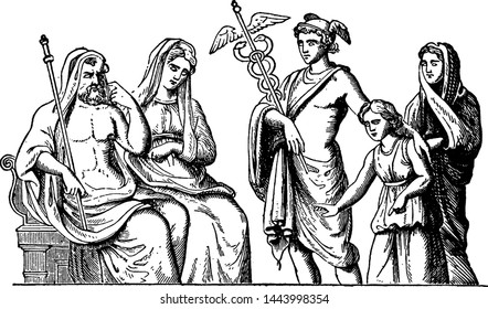 Pluto, Persephone, and Mercury vintage illustration. 