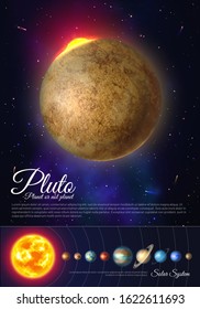 Pluto planet colorful poster with solar system. Galaxy discovery and exploration. Realistic planetary system in deep space vector illustration. Astronomy and astrophysics science vertical flyer.