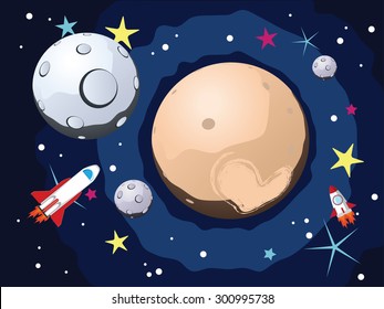 Pluto planet with satellites and space ships.
