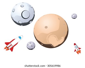 Pluto planet with satellites and space ships.