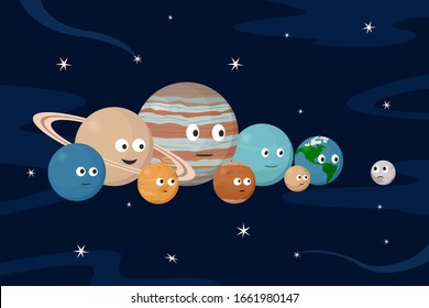PLUTO and planets of Solar system. Cartoon style. Vector illustration.