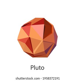Pluto in the solar system. Vector illustration of abstract planets, stars and craters in space in the style of 3d low poly model objects from a triangle.