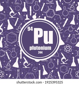 Plutonium chemical element. Sign with atomic number and atomic weight. Chemical element of periodic table. Connected lines with dots. Circle frame with icons.