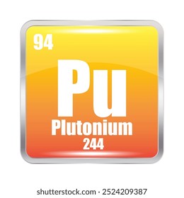 Plutonium icon. Pu chemical element. Atomic number 94. Mass 244. Orange square.