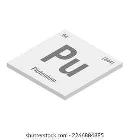 Plutonium, Pu, gray 3D isometric illustration of periodic table element with name, symbol, atomic number and weight. Synthetic radioactive element with potential uses in scientific research and