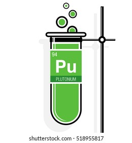 Plutonium symbol on label in a green test tube with holder. Element number 94 of the Periodic Table of the Elements - Chemistry