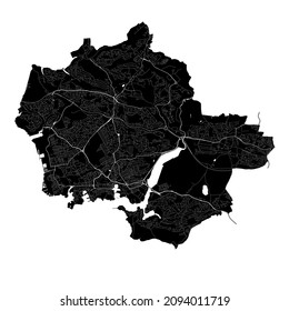 Plymouth, England, high resolution vector map with city boundaries, and editable paths. The city map was drawn with white areas and lines for main roads, side roads and watercourses.