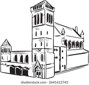 Plymouth Guildhall, Devon, Inglaterra ilustração de tinta de referência. Retrato da arquitetura gótica jacobina. Desenho vetorial de sítios culturais históricos. Inglês travel destination line illustration