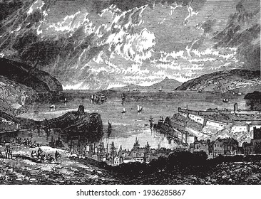 Plymouth Harbor, vintage engraved illustration