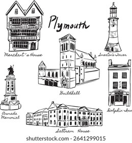 Plymouth landmarks ink illustrations: Merchant's House, Guildhall, Smeaton's Tower, Memorial, Saltram House, Dolphin Inn. Elizabethan, Georgian, Gothic architecture. Historical culture tourism. 
