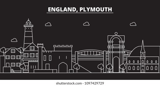 Plymouth silhouette skyline. Great Britain - Plymouth vector city, british linear architecture. Plymouth travel illustration, outline landmarks. Great Britain flat icon, british line banner
