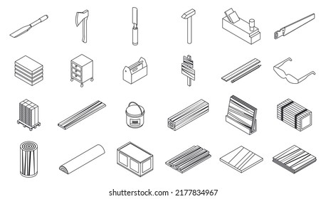 Plywood icons set. Isometric set of plywood vector icons thin line outline on white isolated