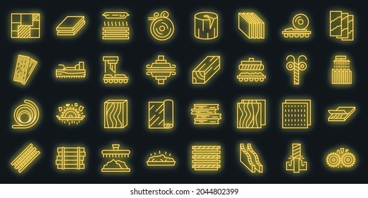 Plywood icons set. Outline set of plywood vector icons neon color on black