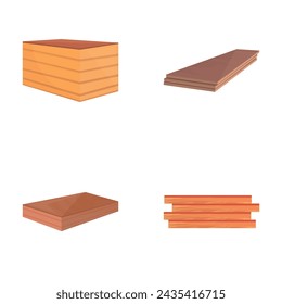 Plywood plank icons set cartoon vector. Timber plank such as parquet or laminate. Construction material