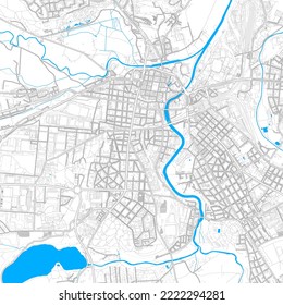 Plzen, Tschechien hochauflösende Vektorkarte mit bearbeitbaren Pfaden. Helle Umrisse für Hauptverkehrsstraßen. Verwenden Sie es für jeden gedruckten und digitalen Hintergrund. Blaue Formen und Linien für das Wasser.