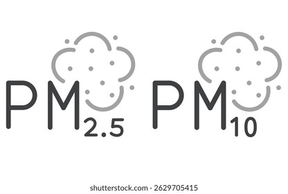 PM 2.5 and PM 10 pollution icons depicting dust and particulate matter levels. Clipart image isolated on background.