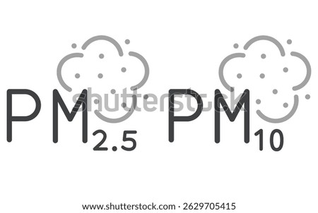 PM 2.5 and PM 10 pollution icons depicting dust and particulate matter levels. Clipart image isolated on background.