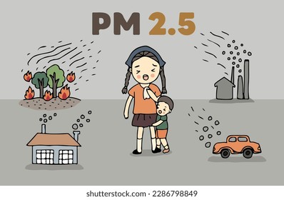 PM 2.5 air pollution. Girl and boy cough with dirty lung because PM 2.5 air pollution, PM 2.5 Infographic. Drawing style vector illustration.