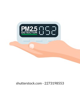 PM 2.5 Air pollution quality monitor device on hand isolated on white background. Vector illustration flat design.