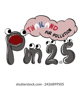 Pm 2.5 cartoon. on white background. Thailand Air pollution concept. for poster, banner, web, icon, mascot, background. Hand drawn. Vector illustration.