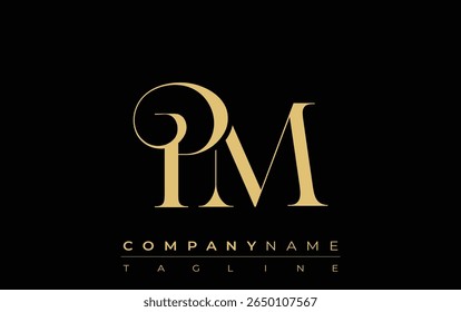 PM Abstract Creative Jewelry Logo. A stylish logo featuring golden monogram initials in an elegant and modern typography, perfect for branding