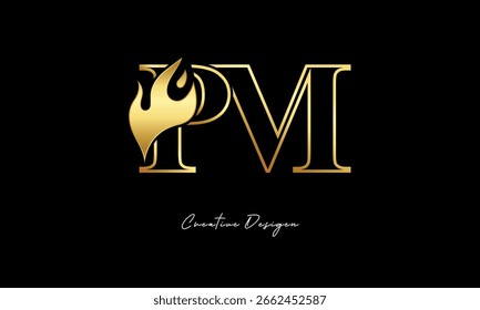 Símbolo minimalista de luxo do design do logotipo da chama dourada da PM para a identidade visual e criativa premium