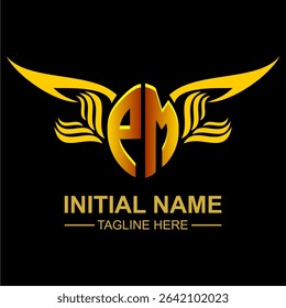 PM Golden Wing Emblem Logo with elegant gold wings, sleek and modern design. Ideal for branding, creative projects, luxury businesses, or artistic ventures.