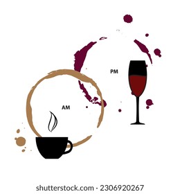 Icono AM PM, hora del café matutino, símbolo nocturno de la hora del vino, horario diario divertido, manchas de vino de café, signo de día y noche, ilustración vectorial AM PM