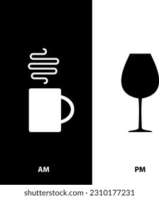 AM PM Icon, Morning Coffee Time, Evening Wine Time Symbol, Fun Daily Schedule, Day and Night Sign, AM PM Vector Illustration