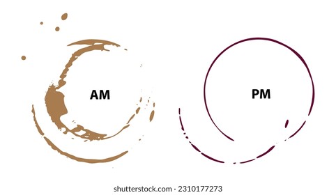 AM PM Icon, Morning Coffee Time, Evening Wine Time Symbol, Fun Daily Schedule, Coffee Wine Stains, Day and Night Sign, AM PM Vector Illustration