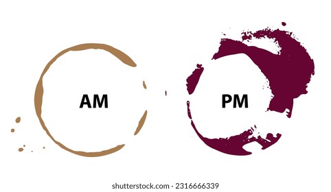 AM PM Icon, Morning Coffee Time, Evening Wine Time Symbol, Fun Daily Schedule, Coffee Wine Stains, Day and Night Sign, AM PM Vector Illustration
