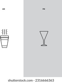 AM PM Icon, Morning Coffee Time, Evening Wine Time Symbol, Fun Daily Schedule, Day and Night Sign, AM PM Vector Illustration