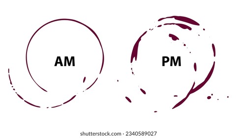 AM PM Icon, Morning Coffee Time, Evening Wine Time Symbol, Fun Daily Schedule, Coffee Wine Stains, Day and Night Sign, AM PM Vector Illustration