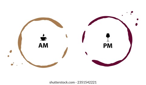 AM PM Icon, Morning Coffee Time, Evening Wine Time Symbol, Fun Daily Schedule, Coffee Wine Stains, Day and Night Sign, AM PM Vector Illustration