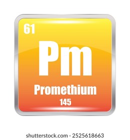 Ícone Pm. Elemento de promécio. Número atômico 61. Massa 145. Fundo quadrado laranja. Símbolo de vetor.