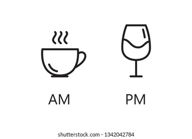 AM and PM icons. Coffee cup and wine glass line icons. Day and night. Vector