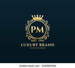 PM Initial Letter, Gold text with feminine floral hand drawn heraldic monogram, Antique vintage style luxury logo design.