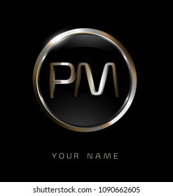 PM initial letters with circle elegant logo golden silver black background