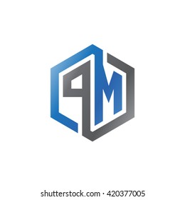 PM initial letters looping linked hexagon logo black gray blue