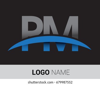 PM initial logo company name colored grey and blue swoosh design.