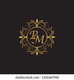PM Initial logo. Ornament ampersand monogram golden logo black background