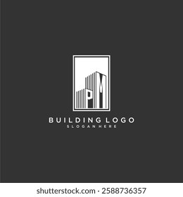 PM initial monogram real estate logo with building creative square style design