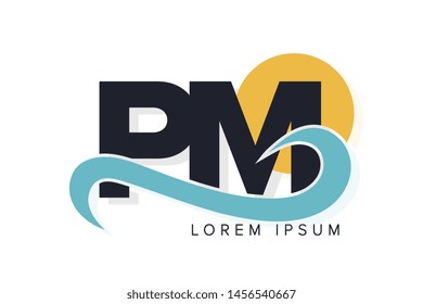 PM letter logo with ocean waves and sunset. Beach concept design