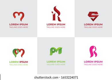 Pm letter, s letter, r letter based theme, stylish girl, logo set vector
