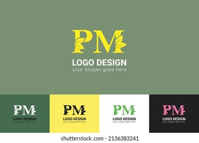 PM schreibt Umweltzeichen mit Blatt. Vektorgrafik für Naturplakate, umweltfreundliches Emblem, veganische Identität, pflanzliche und botanische Karten usw. Ökologie-PM-Buchstaben-Logo mit Blatt.