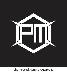 Monograma del logotipo PM con modelo hexágono y de cuatro ejes