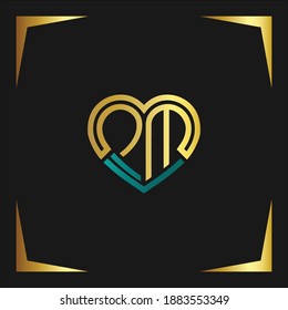 PM. PM logo with turquoise green and gold. Love logo from typography of the letters PM on a black background